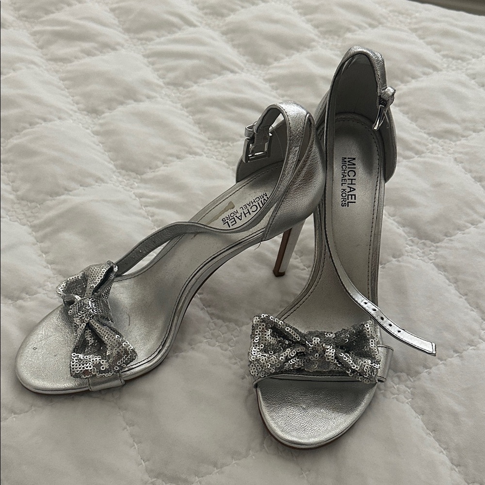 Michael Kors Silver Heeled Sandals with Bow